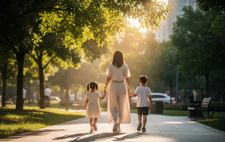 Une mère chinoise marche main dans la main avec ses deux jeunes enfants dans un parc urbain baigné de lumière entre des arbres feuillus.