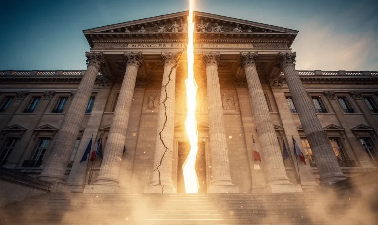 Façade de l’Assemblée nationale française fissurée en son centre avec des rayons de soleil traversant la brèche.