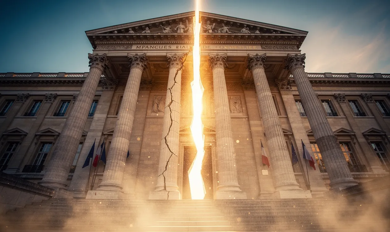 Façade de l’Assemblée nationale française fissurée en son centre avec des rayons de soleil traversant la brèche.