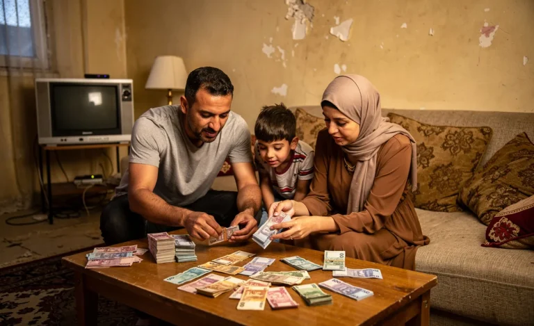 Une famille égyptienne est réunie dans un salon modeste autour d’une table en train de compter des billets de banque.