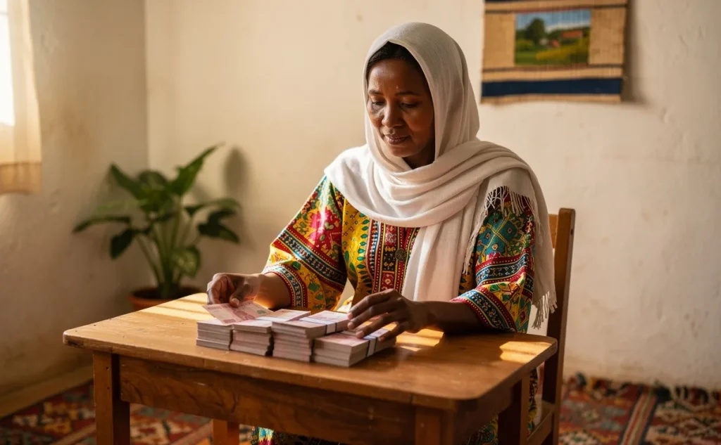 Une femme éthiopienne vêtue de vêtements traditionnels colorés compte des billets de birr assise à un petit bureau dans une pièce lumineuse simplement décorée.