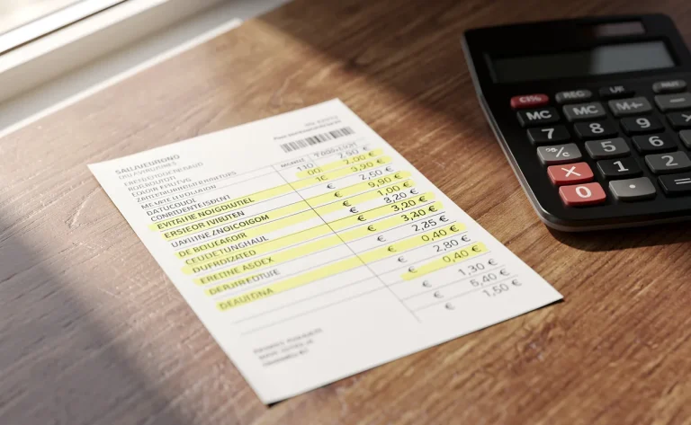 Une fiche de paie et une calculatrice sont posées sur un bureau en bois, avec des chiffres et symboles euro bien visibles à la lumière du jour.