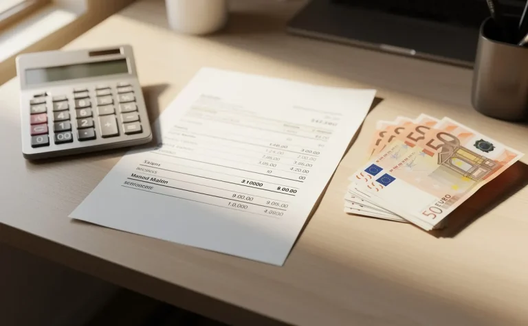 Un bulletin de salaire posé sur un bureau moderne près d’une calculatrice et de billets en euros, baigné de lumière naturelle.