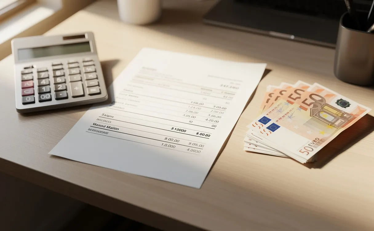 Un bulletin de salaire posé sur un bureau moderne près d’une calculatrice et de billets en euros, baigné de lumière naturelle.