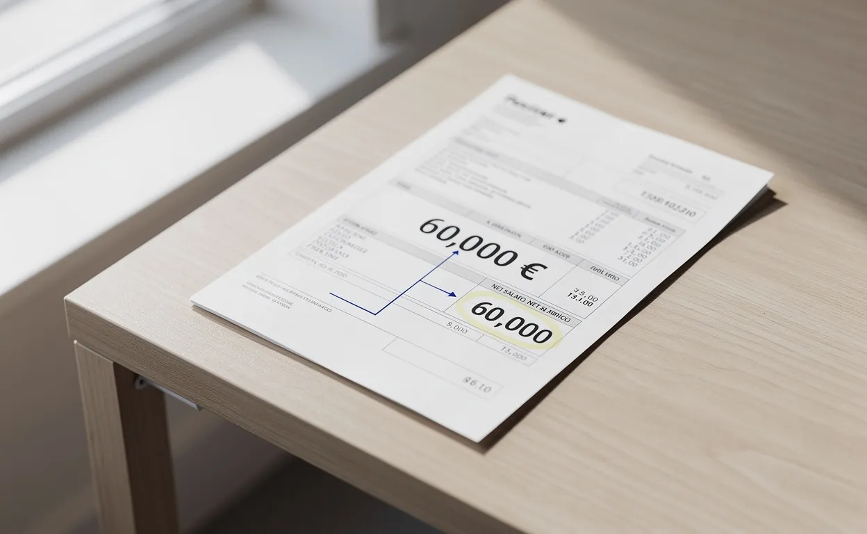 Un bulletin de paie blanc bien net posé sur un bureau en bois, affichant un montant de 60 000€ en net sous une lumière naturelle.