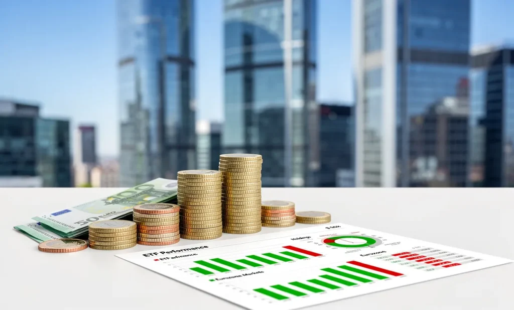 Des gratte-ciel européens dominent une composition soignée de pièces en euros et d’un rapport moderne sur les ETF sous une lumière naturelle.