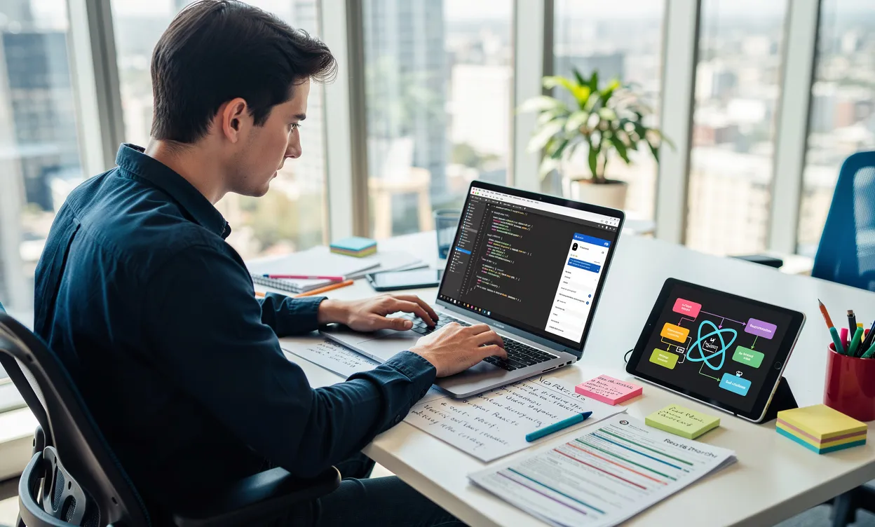 Un jeune professionnel étudie ReactJS sur un ordinateur portable entouré de notes et de schémas dans un espace de travail moderne baigné de lumière naturelle.