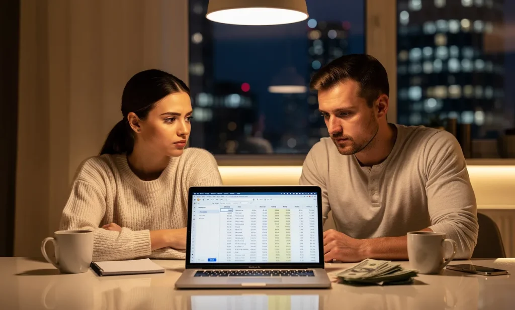 Un jeune couple russe examine ses finances mensuelles sur un ordinateur portable à une table de cuisine dans un appartement moderne avec vue sur la ville éclairée.