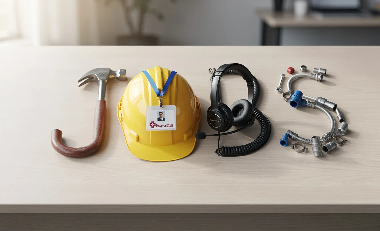 Le mot "Jobs" est formé avec des objets représentant différents métiers commençant par H, posés sur un bureau éclairé par une lumière douce.