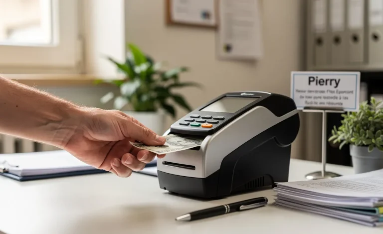 Une main insère un billet dans un terminal de paiement sur un bureau municipal à Épernay, avec une affichette évoquant Pierry et une lumière douce entrant par la fenêtre.