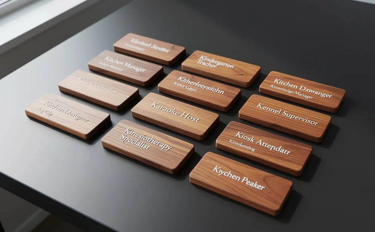 Seize plaquettes en bois gravées de métiers débutant par K sont alignées sur un bureau moderne, baignées d'une lumière naturelle douce.