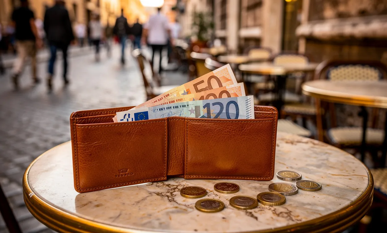 Un portefeuille en cuir ouvert avec des billets et des pièces en euros posé sur une table de café italien, la rue animée de Rome floue en arrière-plan.