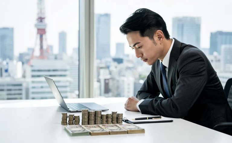 Un salarié japonais en costume observe pensivement des pièces et billets de yens posés sur un bureau épuré, avec une vue sur le paysage urbain de Tokyo à travers une grande fenêtre.