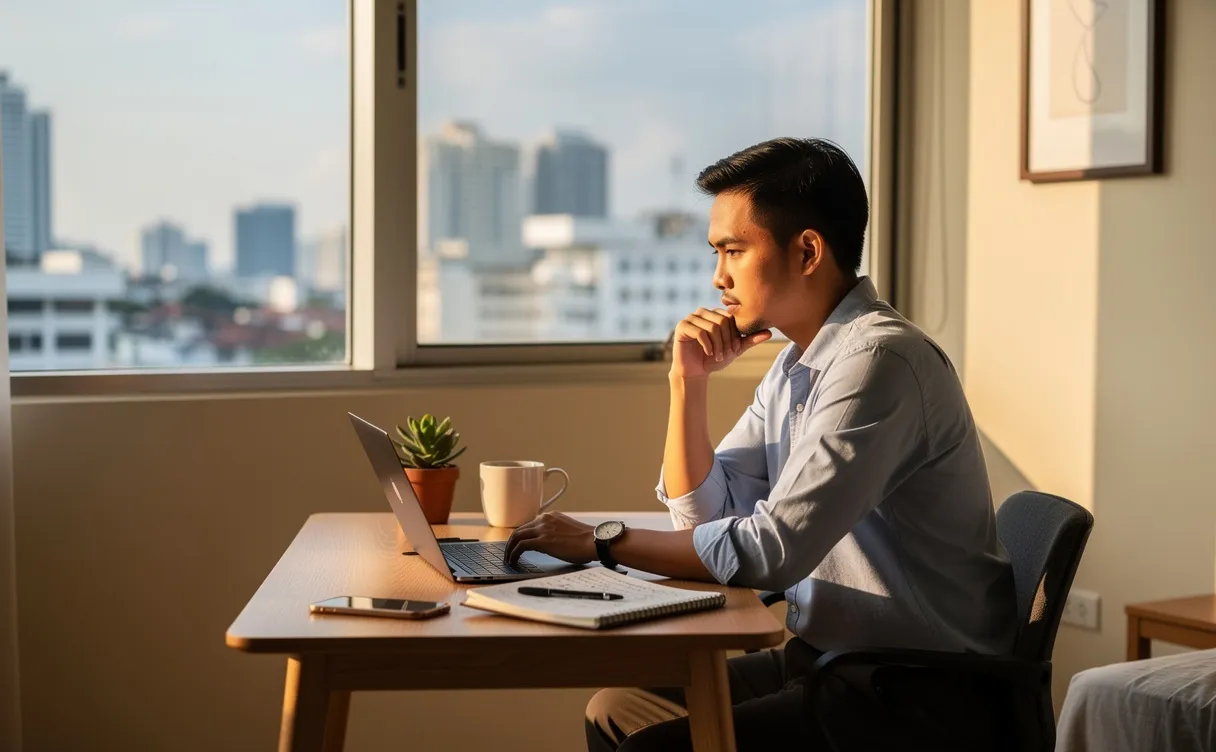 Un jeune professionnel philippin en tenue décontractée de bureau réfléchit à son bureau devant un ordinateur portable, un carnet et une vue sur les gratte-ciel de Manille à travers une fenêtre baignée de lumière naturelle.