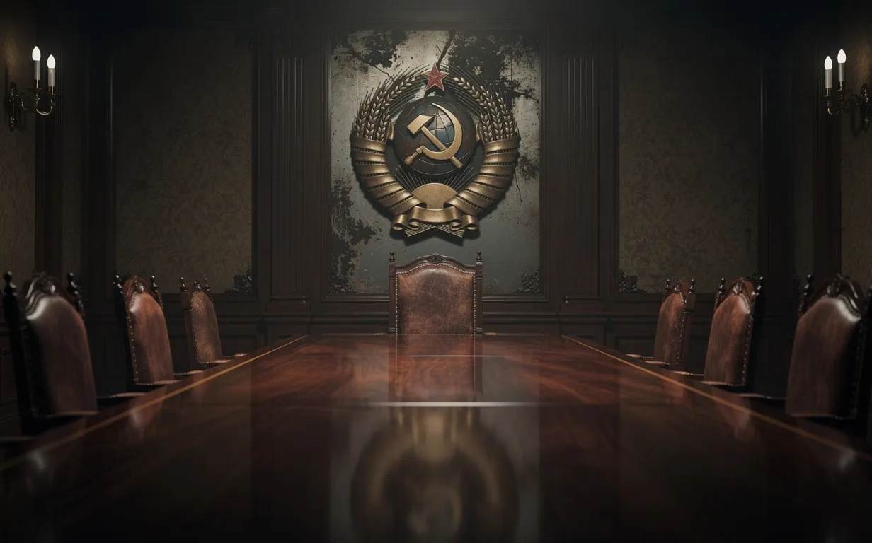 Une grande table en bois dans une salle ornée et sombre avec des chaises vides face à un ancien emblème soviétique au mur.