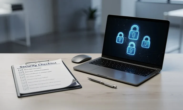 Un bureau professionnel minimaliste avec un ordinateur portable affichant des icônes de cadenas numériques et une checklist, baigné d’une lumière froide.