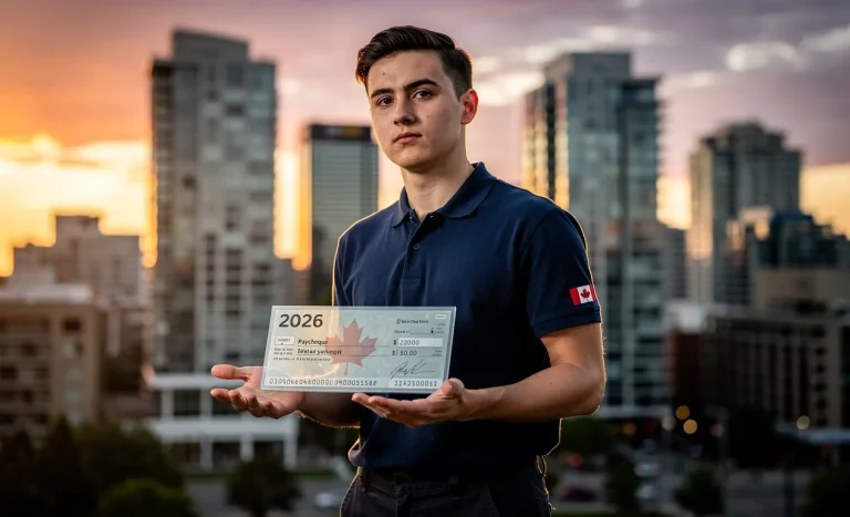 Un jeune travailleur canadien en uniforme tient un chèque de paie transparent marqué 2026 devant une silhouette urbaine au coucher du soleil.