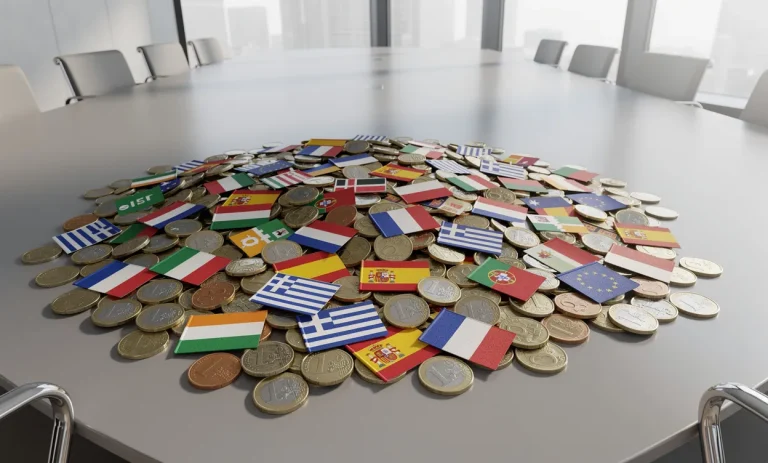 Des pièces d’euro et des drapeaux de pays européens sont disposés sur une table de conférence vide éclairée par la lumière du jour.