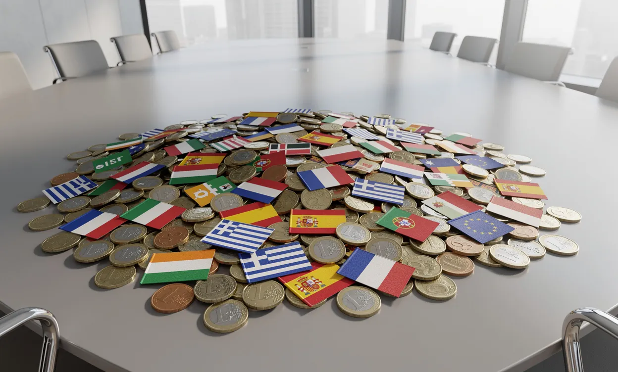 Des pièces d’euro et des drapeaux de pays européens sont disposés sur une table de conférence vide éclairée par la lumière du jour.