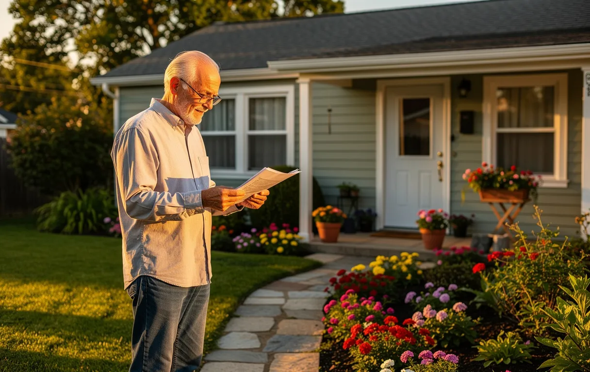 Un homme âgé examine des papiers devant sa maison entourée de verdure et de fleurs au coucher du soleil.