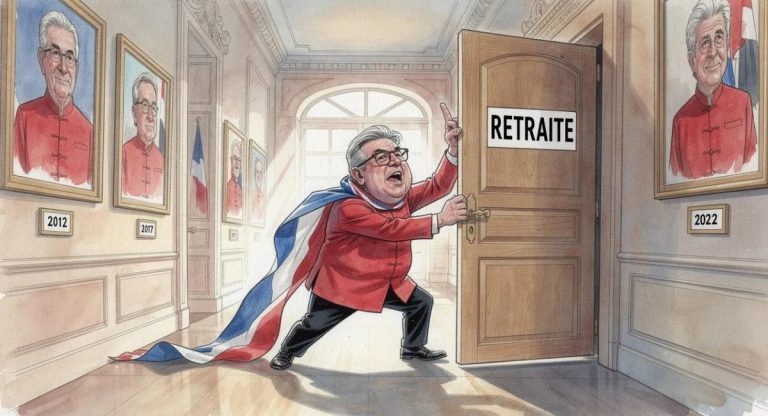 Caricature de Jean-Luc Mélenchon sortant d'un placard étiqueté retraite dans un couloir de l'Élysée, style aquarelle politique.