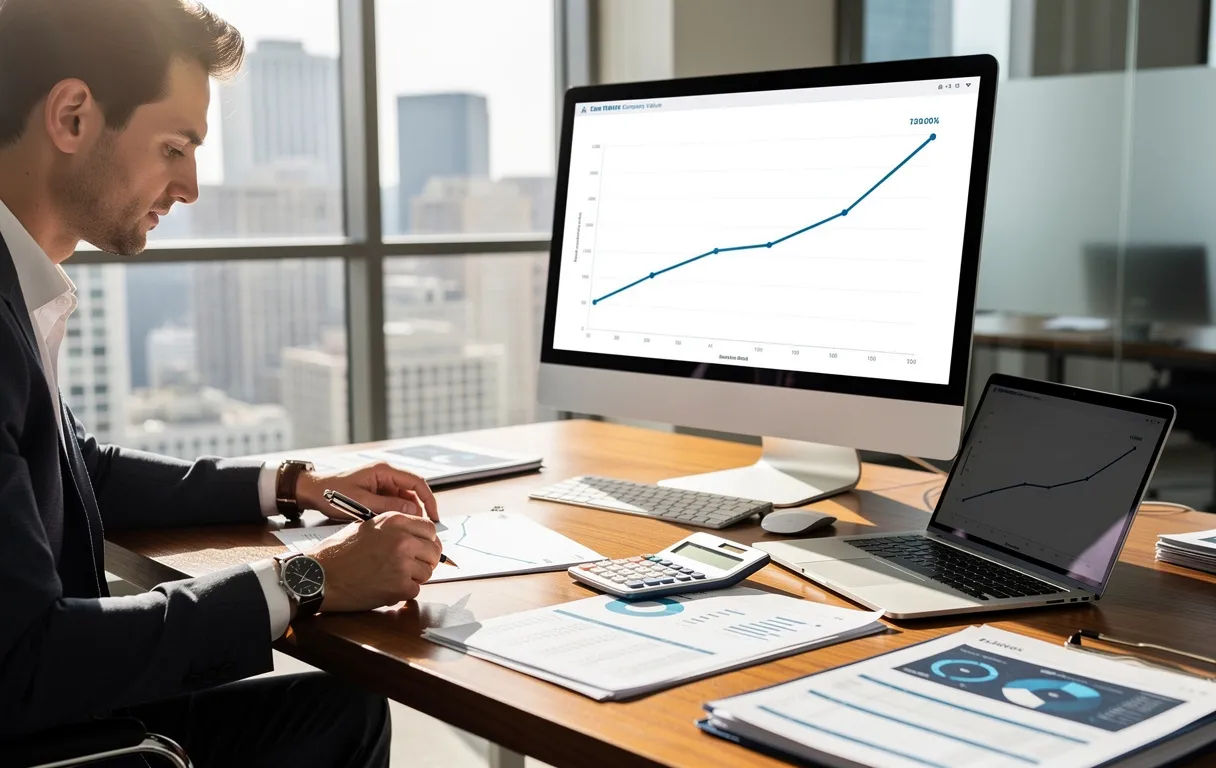 Un expert en évaluation d’entreprise examine des documents financiers près d’un graphique numérique illustrant la croissance de la valeur d’une société dans un bureau lumineux.