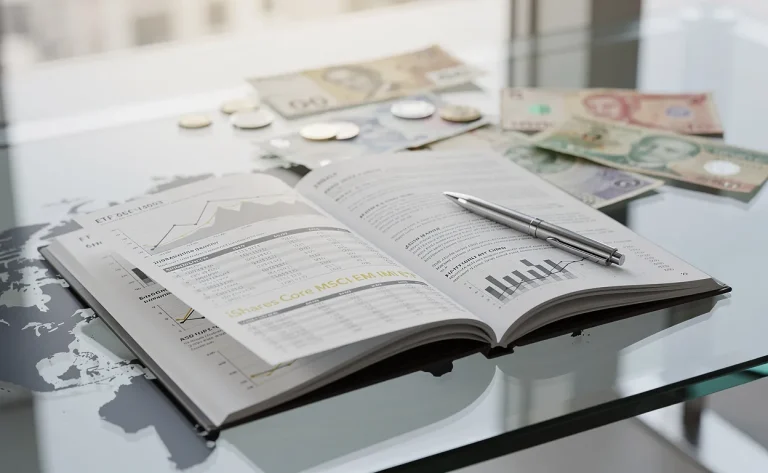 Un rapport financier ouvert présentant le ticker iShares Core MSCI EM IMI ETF repose sur un bureau en verre, avec une carte du monde et des devises de marchés émergents en arrière-plan.