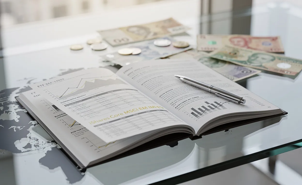 Un rapport financier ouvert présentant le ticker iShares Core MSCI EM IMI ETF repose sur un bureau en verre, avec une carte du monde et des devises de marchés émergents en arrière-plan.