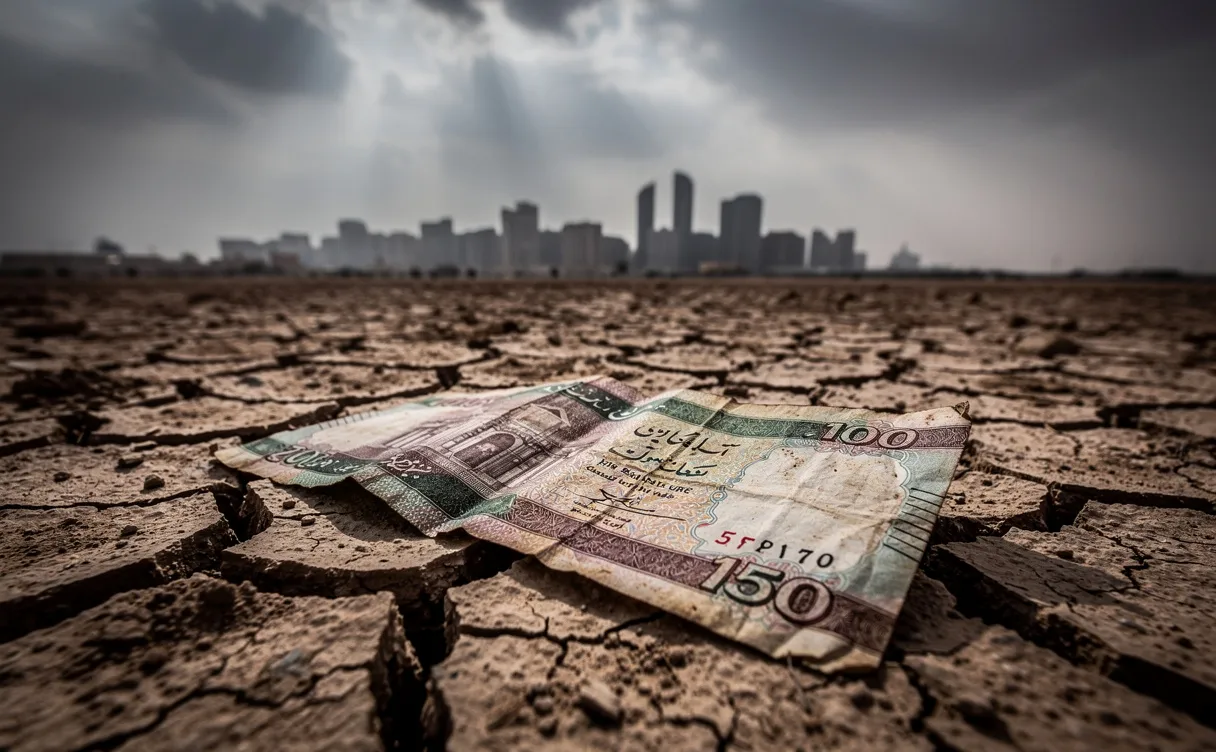 Un billet de banque pakistanais usé repose sur une terre craquelée sous un ciel nuageux avec des immeubles floutés à l’arrière-plan.
