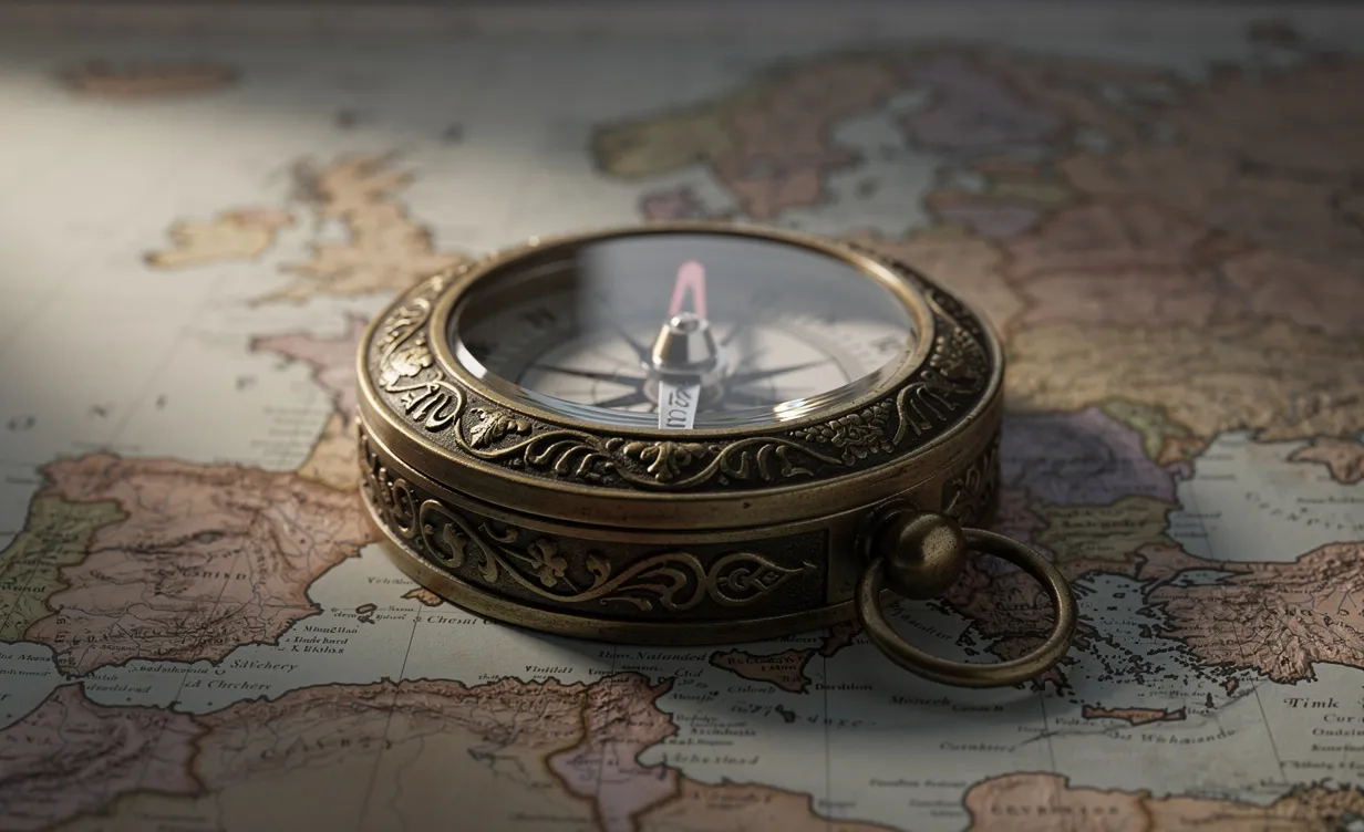 Un compas orné repose sur une carte détaillée de l’Europe, avec l’aiguille pointant de façon incertaine entre les directions.