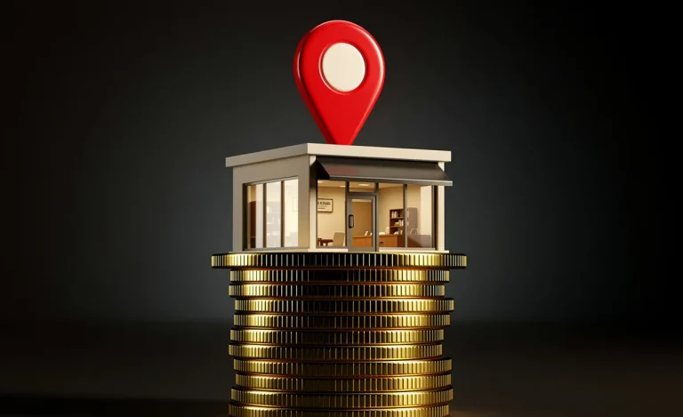 Un petit commerce posé sur une pile de pièces dorées avec un repère Google Maps flottant au-dessus.