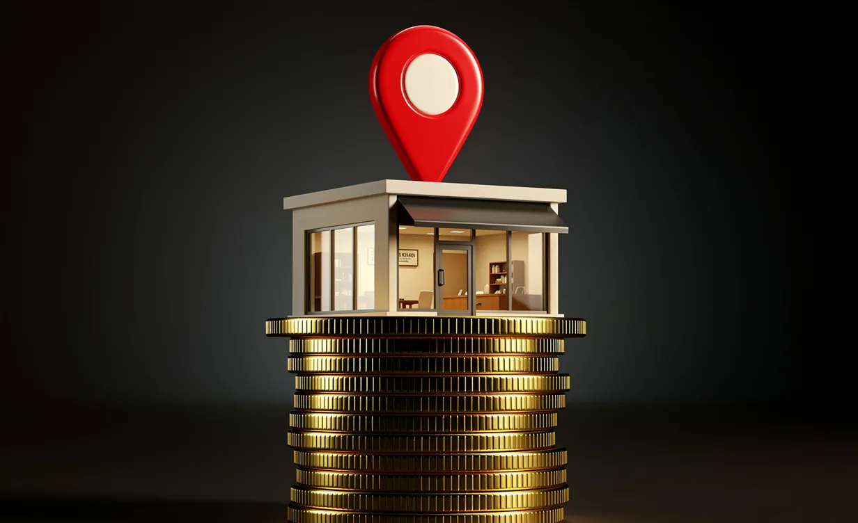 Un petit commerce posé sur une pile de pièces dorées avec un repère Google Maps flottant au-dessus.