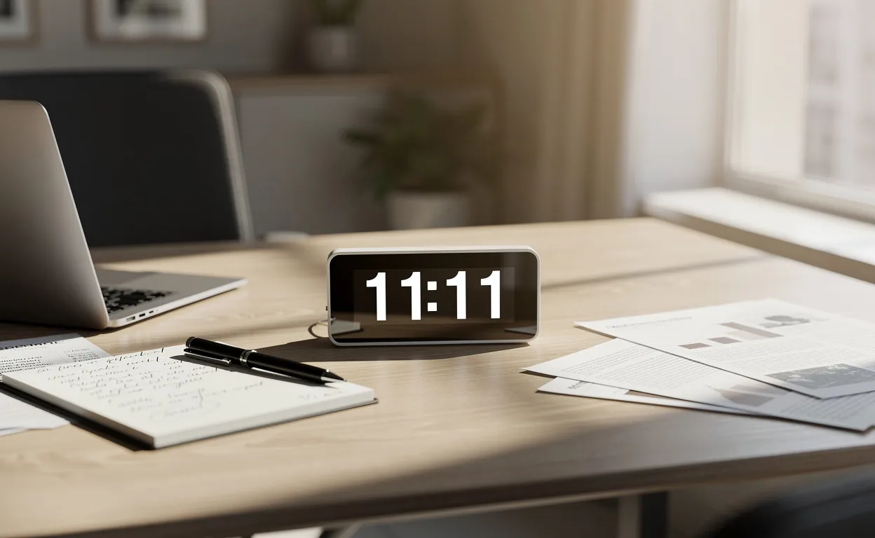 Un bureau moderne avec une horloge numérique indiquant 11:11, entouré d’objets liés au travail comme un carnet, un ordinateur portable et un stylo, baigné par la lumière du soleil.