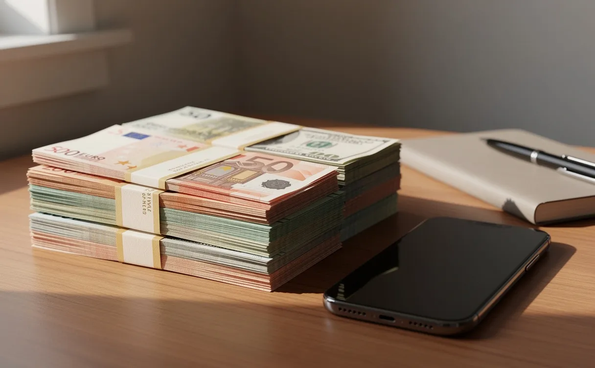 Des billets de francs CFA béninois, d’euros et de dollars sont empilés sur un bureau avec un téléphone portable et un carnet, éclairés doucement par la lumière du jour.