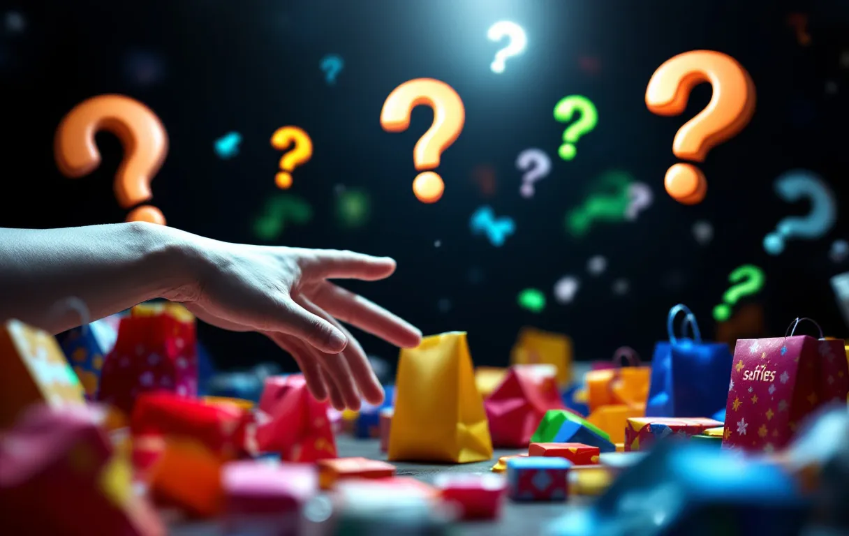 Une main tendue vers des sacs de shopping colorés sous un projecteur, avec des chiffres et points d’interrogation flous en arrière-plan.