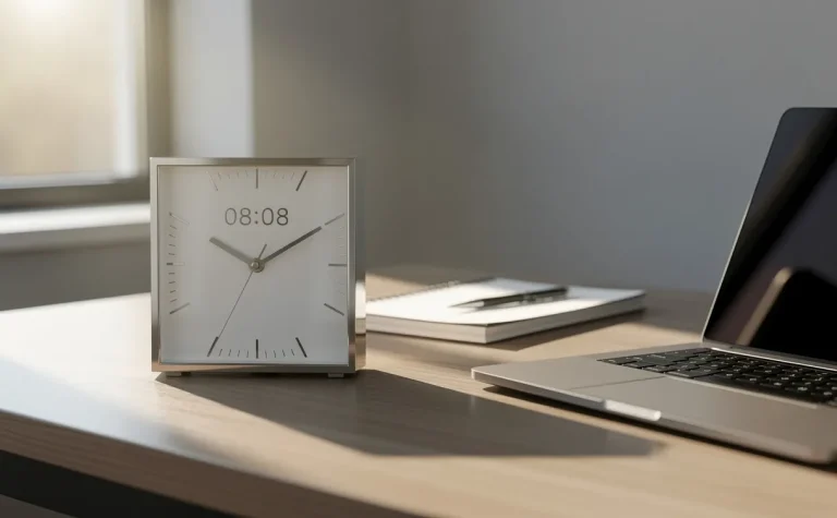Un bureau bien rangé avec une horloge élégante affichant 08h08, un ordinateur portable et la lumière du matin filtrant par la fenêtre.