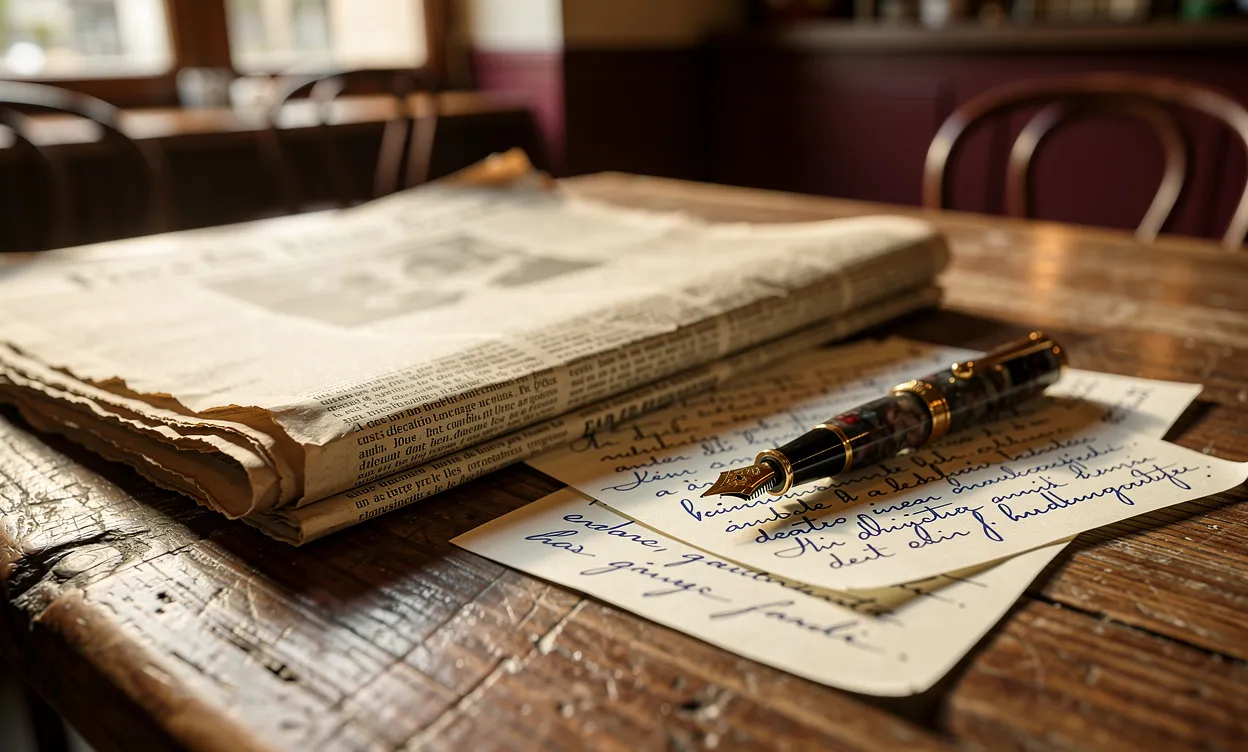 Un vieux journal posé sur une table en bois dans un café lumineux de Bourgogne, accompagné de notes manuscrites et d’un stylo-plume ancien.