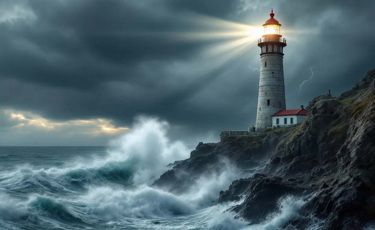 Un phare solide se dresse sur des falaises battues par des vagues, projetant sa lumière à travers des nuages sombres.