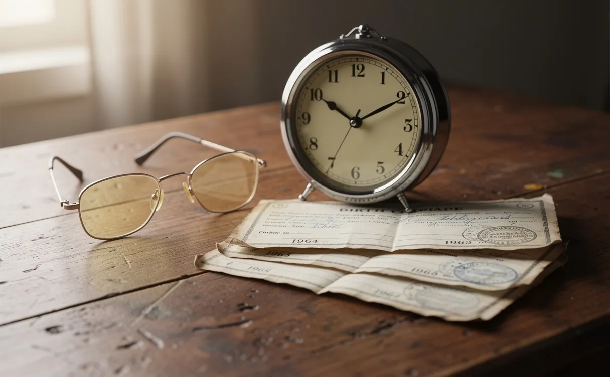 Une horloge analogique, des lunettes anciennes et des actes de naissance des années 1960 sont posés sur un bureau en bois éclairé par une lumière douce.