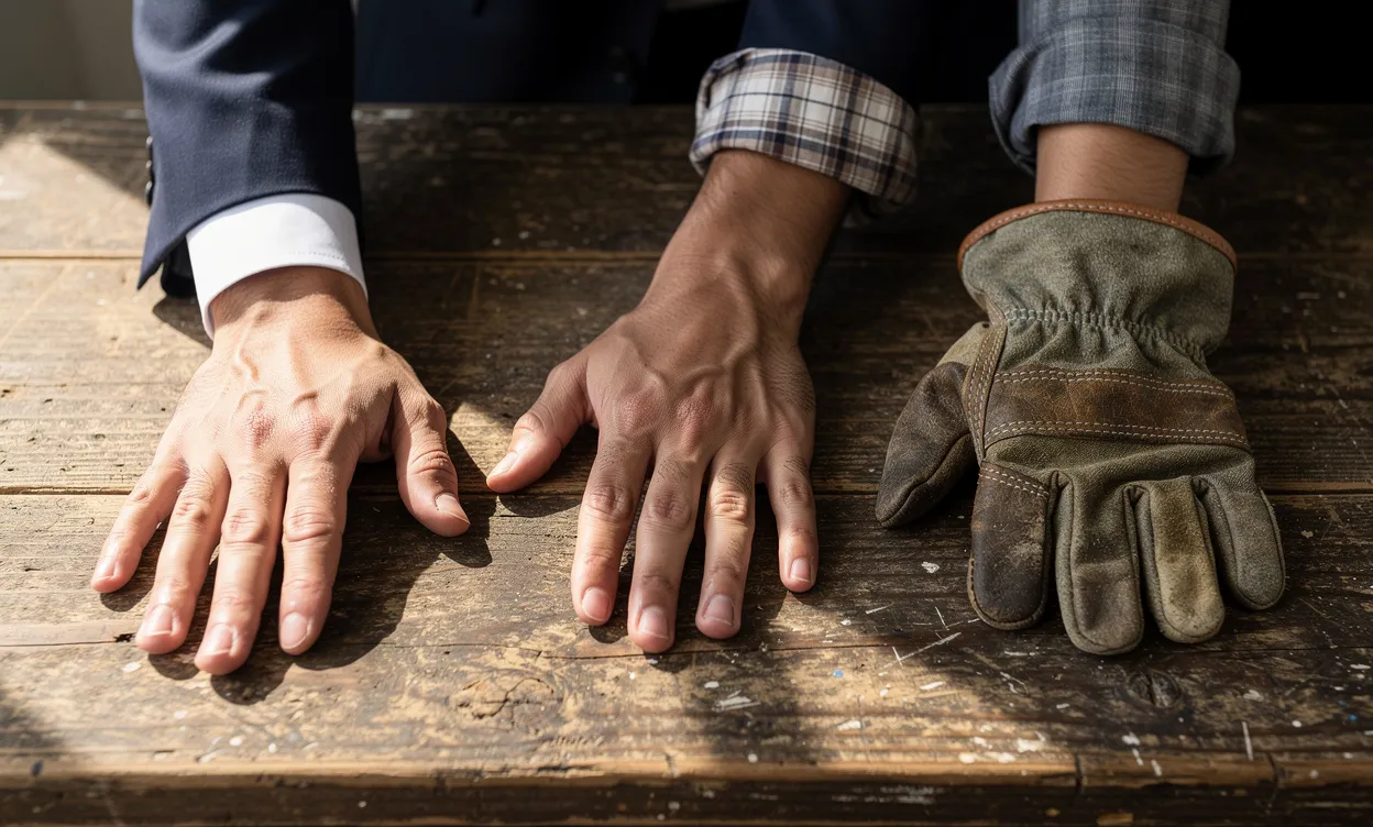 Trois paires de mains différentes, représentant divers métiers, reposent côte à côte sur une table en bois usée.