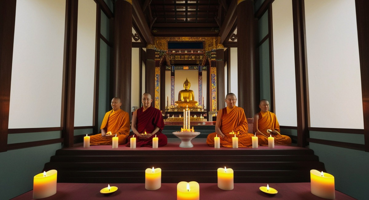 Moines bouddhistes en méditation devant une statue de Bouddha dorée entourés de bougies