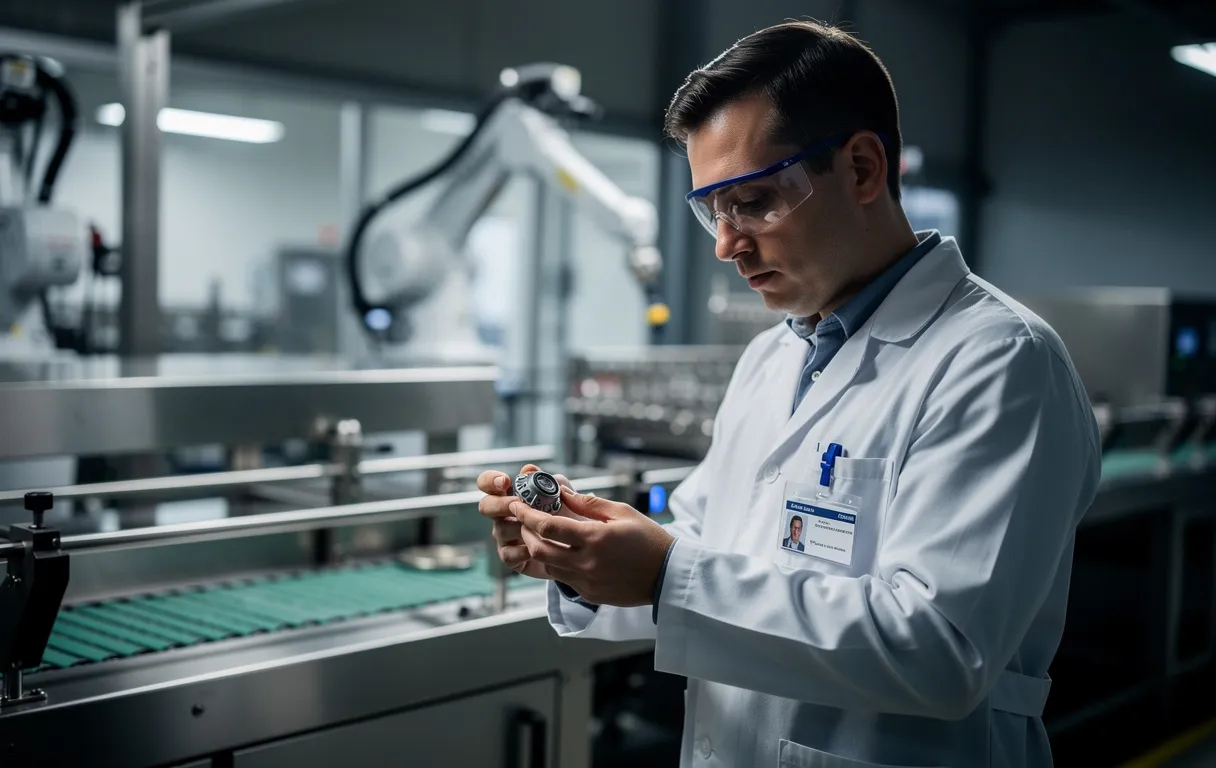 Un contrôleur de qualité examine un produit dans une usine moderne avec une expression concentrée.