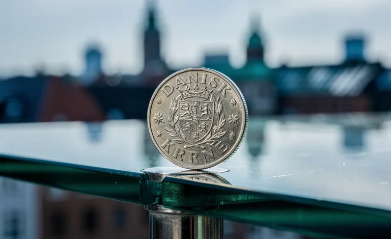 Une pièce de couronne danoise tient en équilibre sur le bord d’une table en verre devant une vue floue de la ville de Copenhague.
