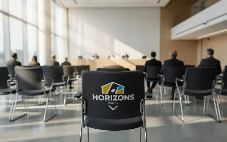 Une salle de conférence moderne avec des sièges partiellement occupés et, à l'avant-plan, une chaise ornée du logo du parti Horizons sous une lumière douce de l'après-midi.