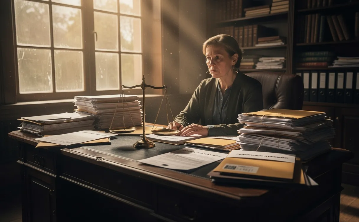 Une personne assise seule à un bureau en bois parmi des documents de succession et une balance ancienne sous la lumière du soleil.