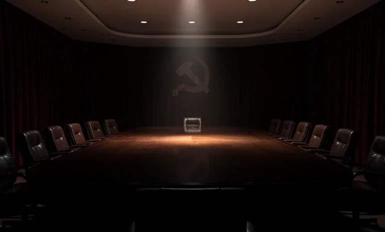 Une salle de conférence ovale faiblement éclairée avec une grande table en bois poli, des rideaux rouges et un reflet discret de la faucille et du marteau.