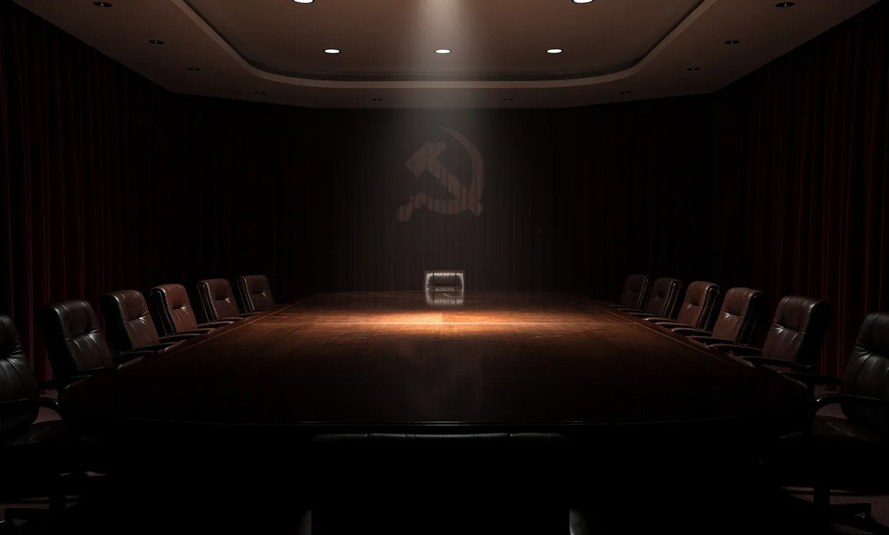 Une salle de conférence ovale faiblement éclairée avec une grande table en bois poli, des rideaux rouges et un reflet discret de la faucille et du marteau.