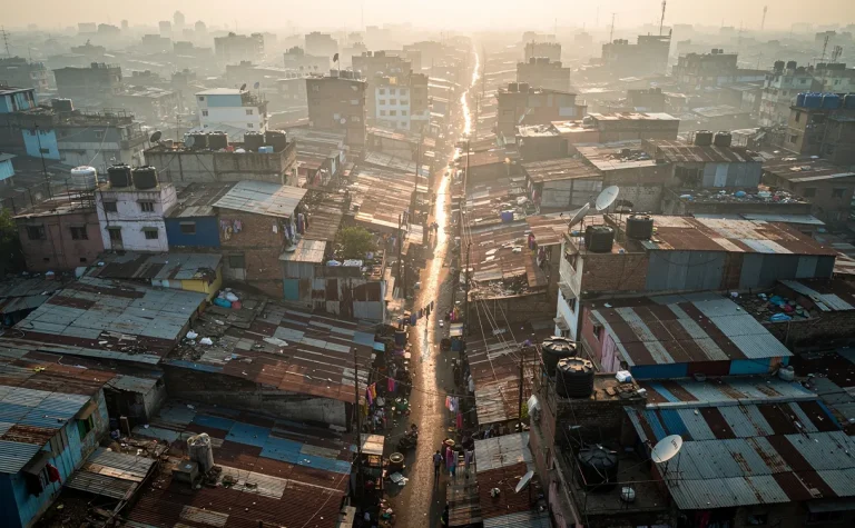 Vue aérienne sur les toits serrés et les ruelles sinueuses de Dharavi, baignée de brume matinale et de rayons de soleil.