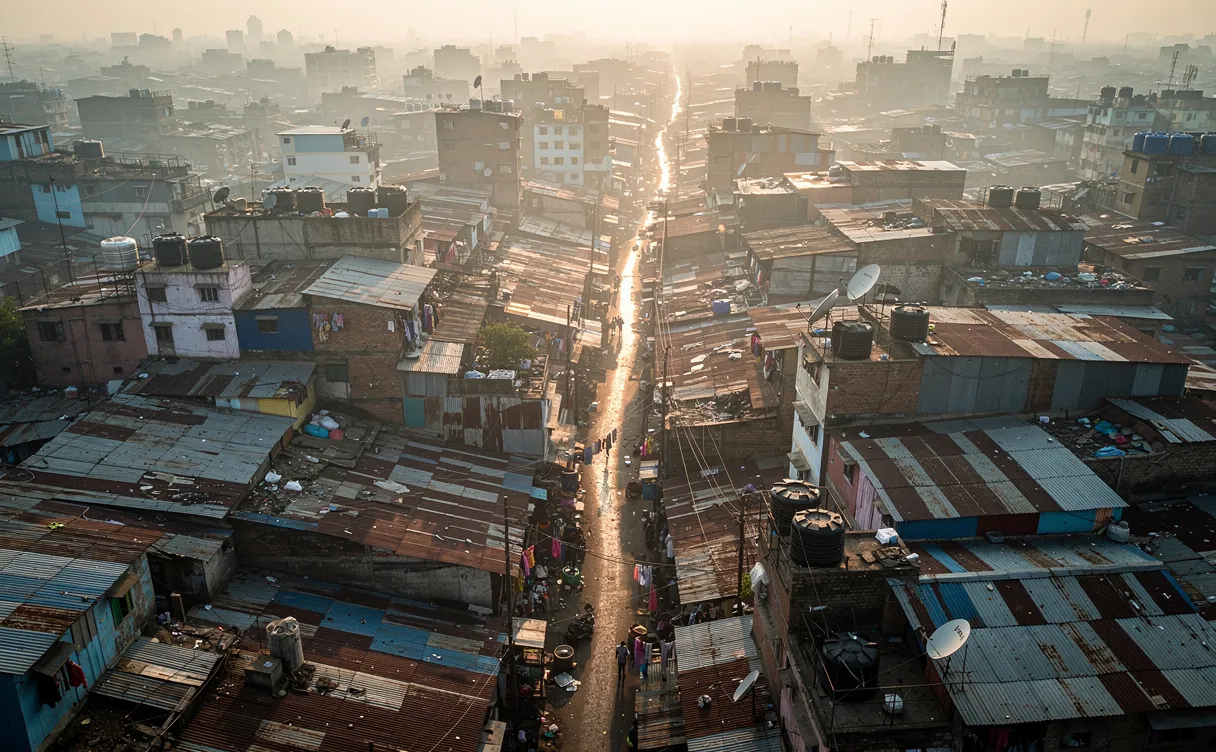Vue aérienne sur les toits serrés et les ruelles sinueuses de Dharavi, baignée de brume matinale et de rayons de soleil.