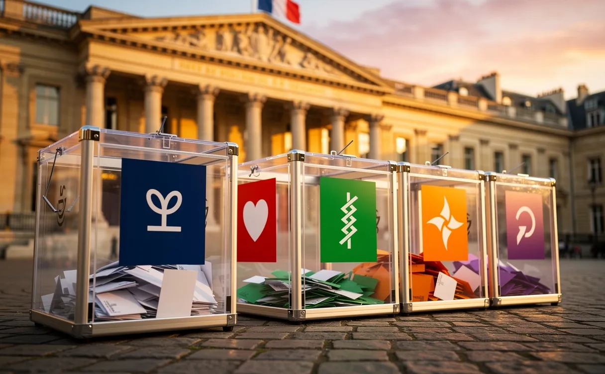 Des urnes électorales variées aux symboles politiques distincts sont alignées devant l’Assemblée nationale française au coucher du soleil.